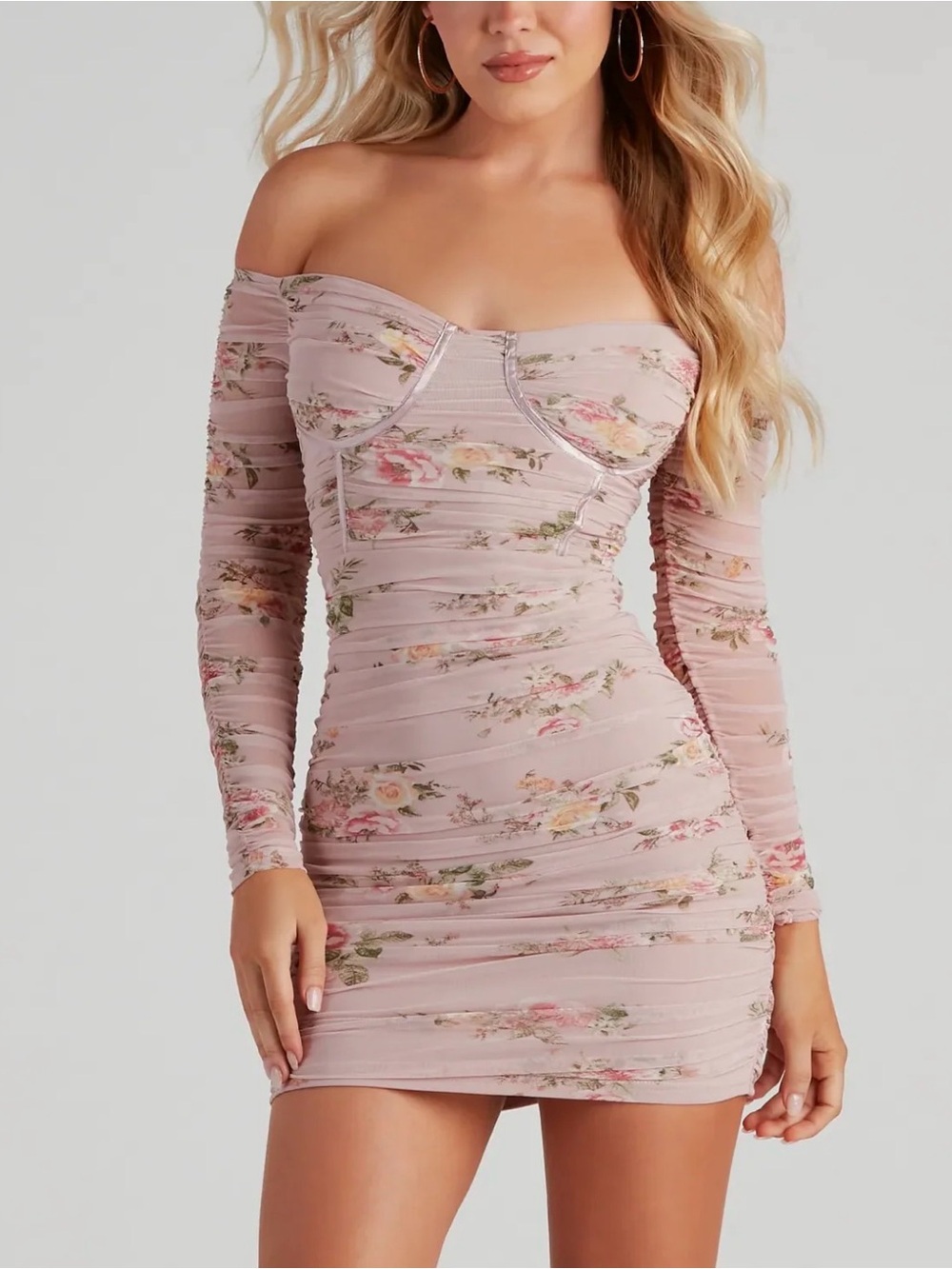 Privy Ruched Mini Dress NWT Pink Floral Corset Style Bodycon OTS Long Sleeves M
